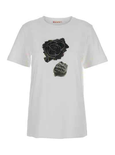 MARNI WHITE CREWNECK T-SHIRT WITH FLORAL PRINT WITH LOGO ON THE FRONT IN COTTON WOMAN