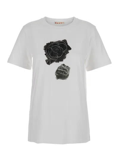Marni White Crewneck T-shirt With Floral Print With Logo On The Front In Cotton Woman
