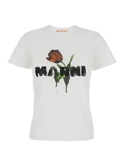 Marni White Crewneck T-shirt With Logo Lettering And Logo Print On The Front In Cotton Woman