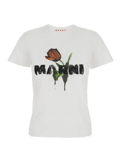 MARNI WHITE CREWNECK T-SHIRT WITH LOGO LETTERING AND LOGO PRINT ON THE FRONT IN COTTON WOMAN