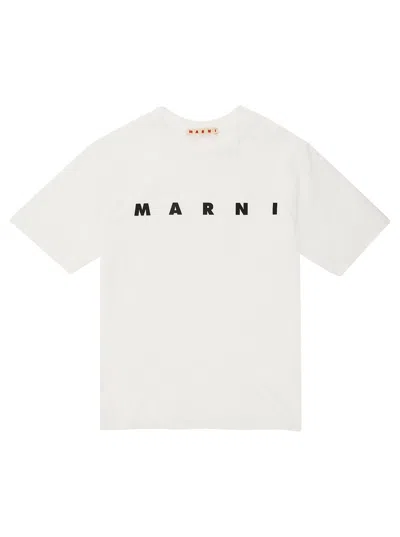 MARNI WHITE CREWNECK T-SHIRT WITH LOGO LETTERING PRINT IN COTTON BOY
