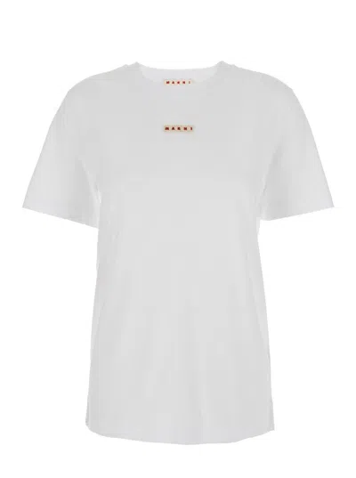 Marni White Crewneck T-shirt With Logo Patch On The Front In Cotton Woman