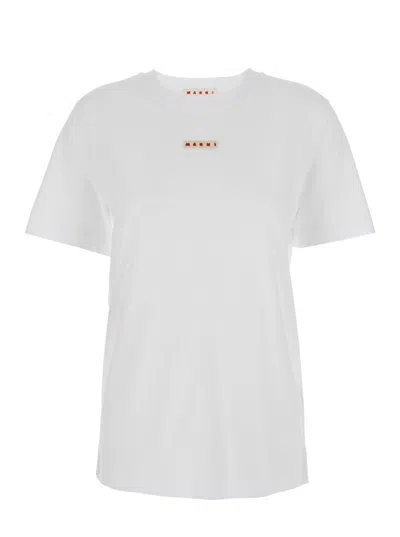 MARNI MARNI WOMEN WHITE CREWNECK T-SHIRT WITH LOGO PATCH ON THE FRONT IN COTTON WOMAN