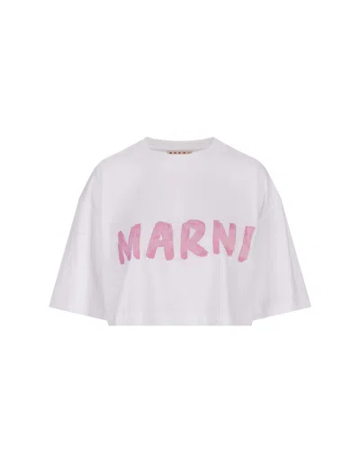 Marni White Crop T-shirt With Pink Brushed Logo