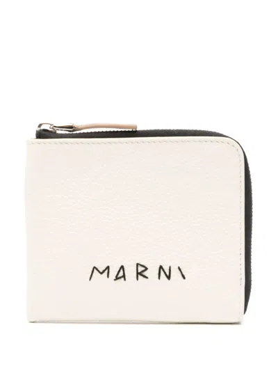 MARNI WHITE LOGO-EMBROIDERED LEATHER WALLET