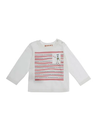 MARNI WHITE LONG SLEEVE T-SHIRT WITH FRONT PRINT IN COTTON GIRL