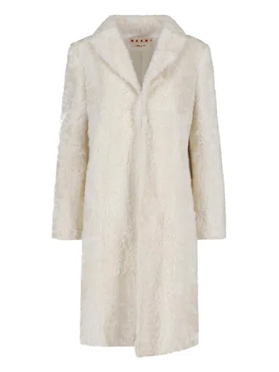 Marni White Mid-length Classic Lapel Shearling Coat