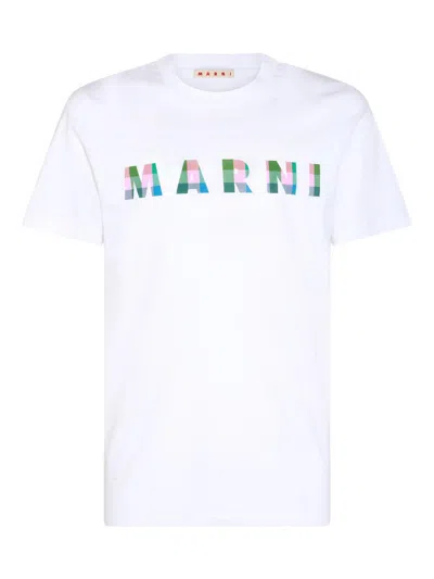 Marni Gingham Logo-print Cotton T-shirt In White