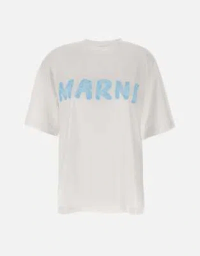 Pre-owned Marni White Organic Cotton T-shirt With Blue Logo Print 100% Original