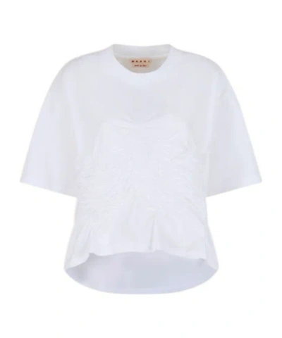 MARNI WHITE ORGANIC COTTON T-SHIRT WITH SHIRRED DETAIL