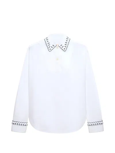 Marni White Poplin Half-button Shirt With Broderie Anglaise