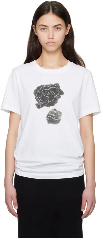 MARNI WHITE PRINTED BRUSHED ROSE COTTON JERSEY T-SHIRT