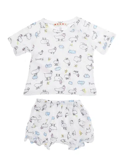Marni White Romper And Shorts Set With All-over Print In Cotton Baby