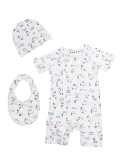 Marni White Set With Onesie, Hat And Bib With All-over Print In In Cotton Baby