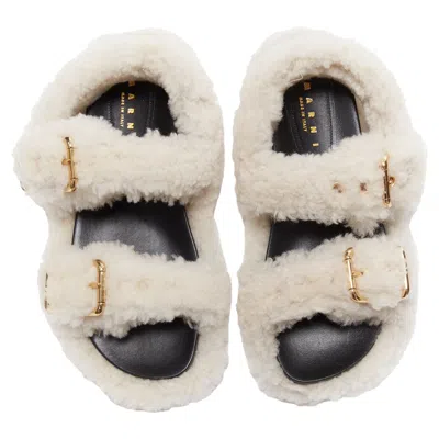 Marni White Shearling Gold Buckles Double Strap Black Lined Flat Sandals Eu38