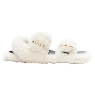 Pre-owned Marni White Shearling Gold Buckles Double Strap Black Lined Flat Sandals Eu38