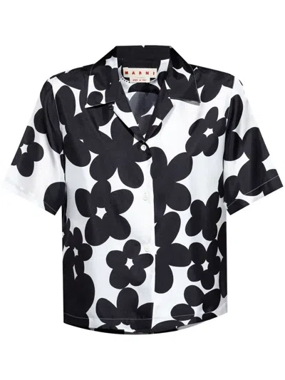 Marni White Shirt With Black Flower Print