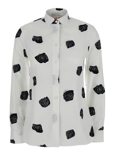 Marni White Shirt With Classic Collar And All-over Floral Morif In Cotton Woman