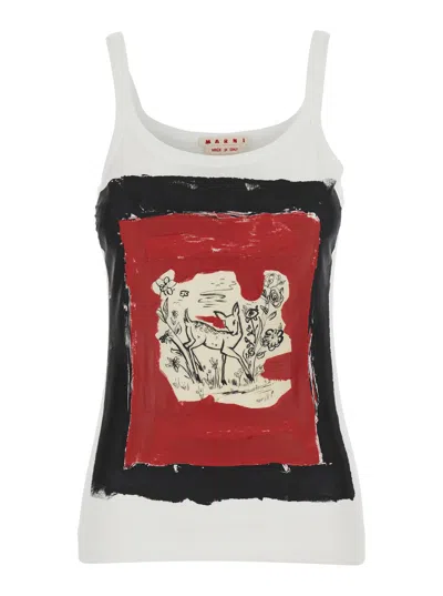 Marni White Sleeveless T-shier With Round Neck And Maxi Print On The Front In Cotton Woman