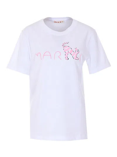 Marni Womens Low01 Animal Alphabet Flocked Logo Cotton T-shirt In White