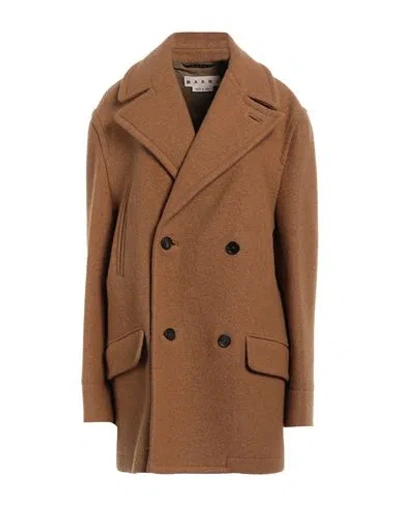 Marni Man Coat Camel Size 42 Virgin Wool, Cow Leather In Beige