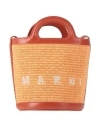 Marni Woman Two-tone Leather And Raffia Tropicalia Bucket Bag In Red