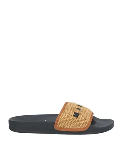 Marni Sliders In Woven Raffia In Leather