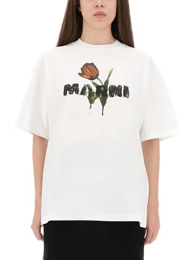 MARNI MARNI WOMEN WHITE COTTON T-SHIRT WITH TULIP PRINT