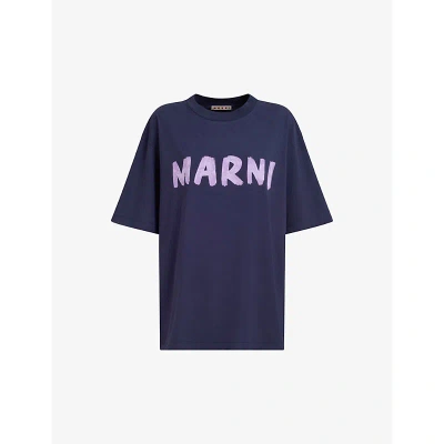 Marni Womens Blublack Boxy-fit Logo-print Cotton T-shirt