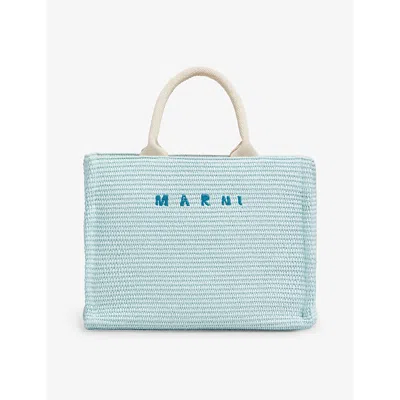 Marni Logo-embroidered Woven Tote Bag In Blue/brown/opal