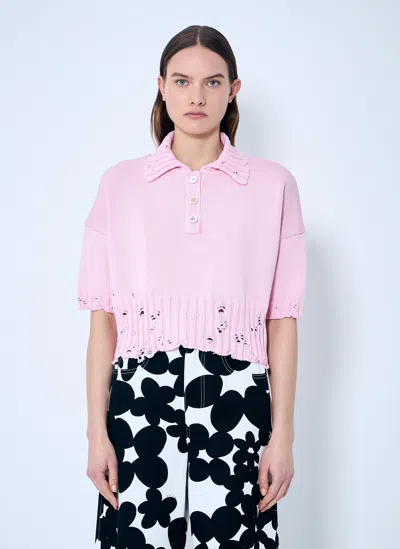 Marni Women Distressed Knit Polo Shirt In Pink