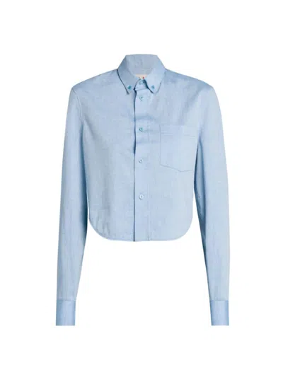 Marni Women's Embroidered Cotton Crop Shirt In Light Blue