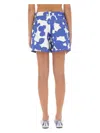 Marni White Cotton Gabardine Shorts With Floral Motif In Multicolour