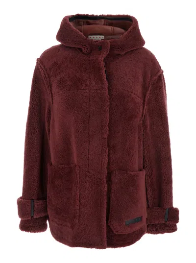 MARNI MARNI WOMEN BROWN JACKET WITH HOOD WITH BUTTONS AND LOGO PATCH ON THE FRONT IN FUR WOMAN