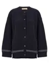 Marni Intarsia Logo Wool Cardigan In Blue