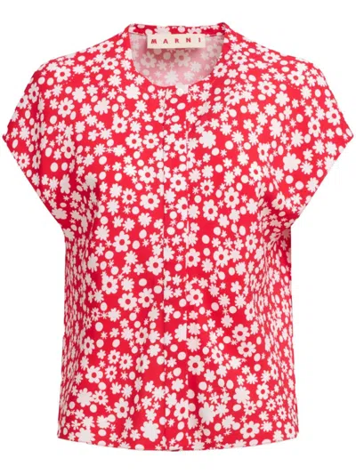 Marni Women Pop Fields Short Sleeved Satin Top In Red