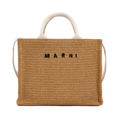 Marni Women's Raffia-effect Canvas Small Tote Bag In Beige