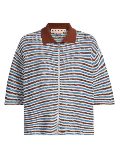 Marni Women's Stripe Crochet Boxy Polo Cardigan In Brown