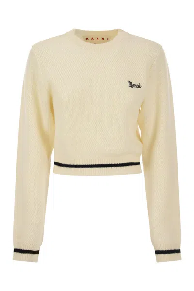 Marni Women's White Wool Sweater With Balloon Sleeves And Embroidered Logo
