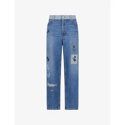 Marni Womens 00b52 Floral-embroidered Straight-leg Denim Jeans In Blue