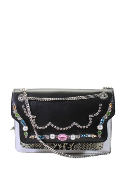 Marni Womens Black Leather Crystal Detail Snakeskin Print Trim Crossbody Handbag