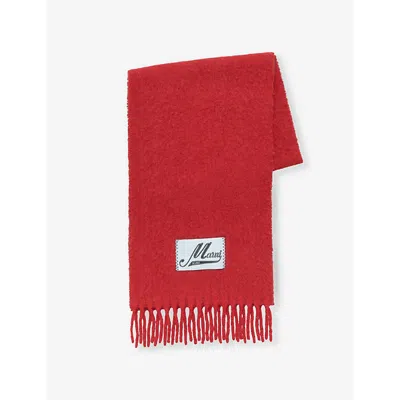 MARNI WOMENS CRIMSON BRANDED-PATCH FRINGED-TRIM WOOL-BLEND SCARF