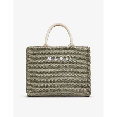 MARNI WOMENS DUSTY OLIVE LOGO-EMBROIDERED COTTON-BLEND TOTE BAG