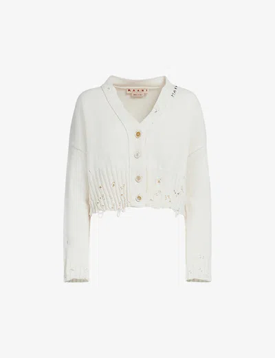 MARNI WOMENS LILY WHITE DISTRESSED V-NECK COTTON-KNIT CARDIGAN