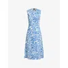 Marni Floral Print Midi Dress With Hand-stitched Logo Embroidery In Iris Blue