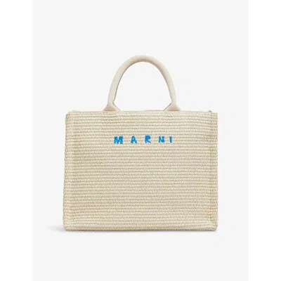 Marni Womens Silk White East-west Logo-embroidered Small Raffia Tote Bag
