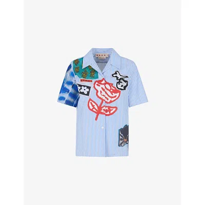 Marni Womens Stb50 Striped Abstract-print Cotton Shirt In Blue