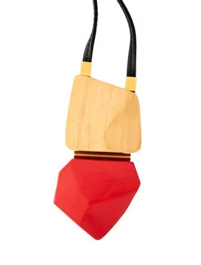 Pre-owned Marni Wood & Leather Pendant Necklace, 45" In Black/red