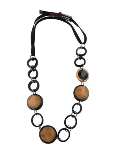 Pre-owned Marni Wood & Resin Station Link Leather Buckle Collar Necklace, 44.5" In Black/brown