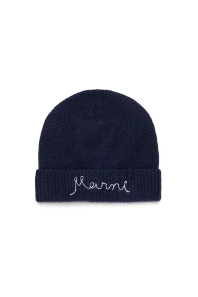 Marni Wool And Cashmere Blend Beanie With Logo In Blue